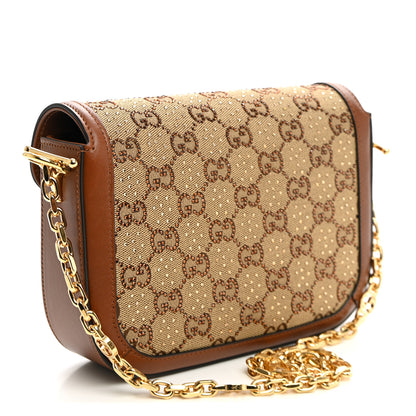 Gucci New Canvas Charisma Calfskin Crystal GG Monogram Mini Horsebit 1955 Shoulder Bag Camel Ebony 3 of 10