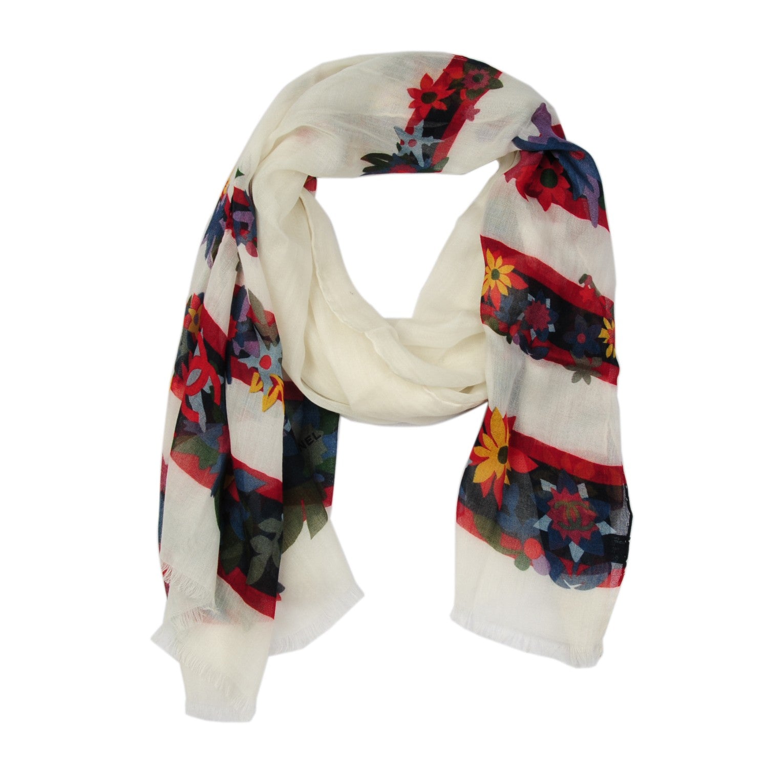 Chanel Cashmere Silk Floral CC Scarf Shawl White 1 of 5
