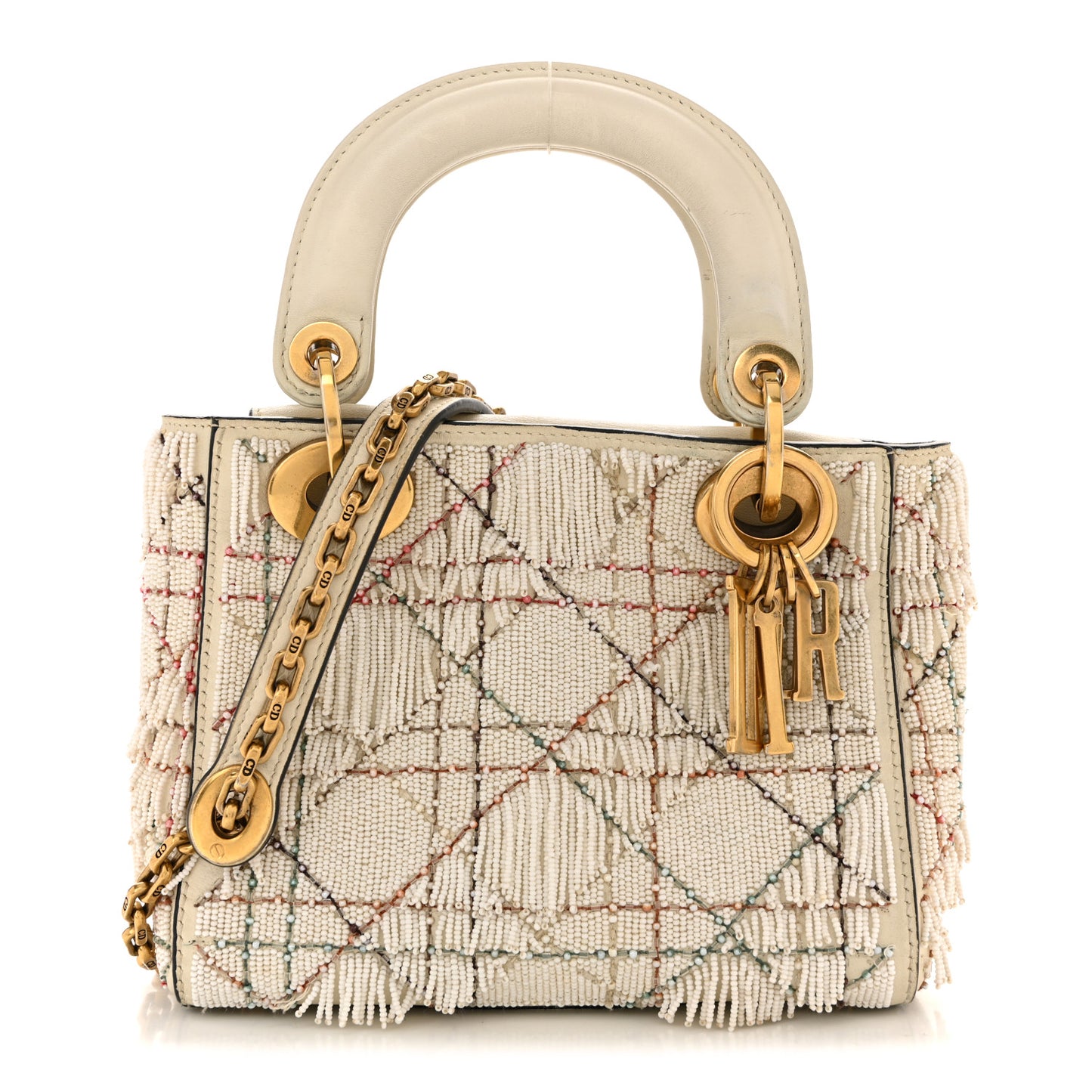 Lambskin Beaded Fringe Mini Lady Dior White