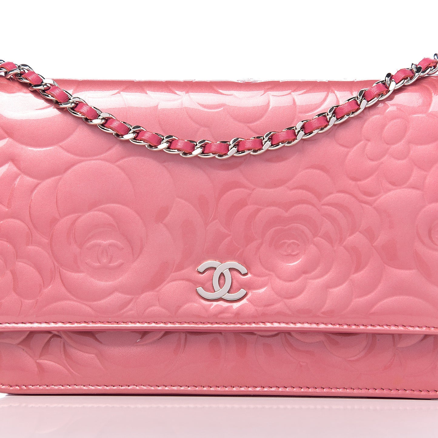 Patent Camellia Embossed Wallet on Chain WOC Rose