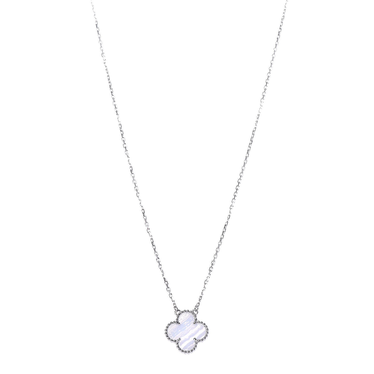 Van Cleef & Arpels 18K White Gold Chalcedony Vintage Alhambra Pendant Necklace 1 of 9