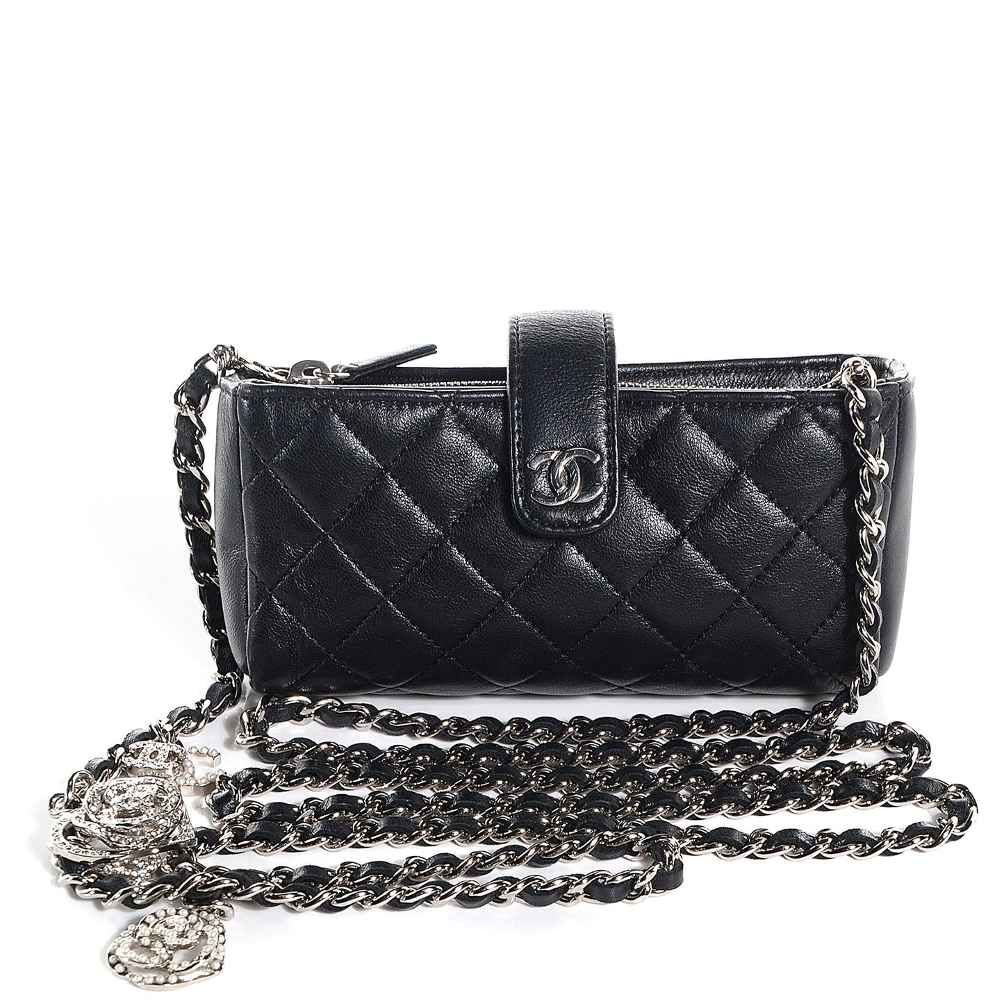 Lambskin Quilted Crystal Valentine Charms Mini Phone Holder Crossbody Bag Black