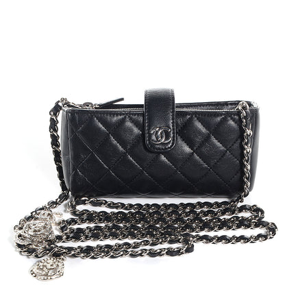 Chanel Lambskin Quilted Crystal Valentine Charms Mini Phone Holder Crossbody Bag Black 1 of 7