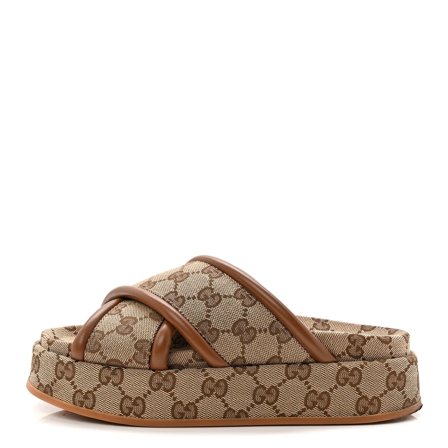 Monogram GG Calfskin Angelina Platform 55mm Slide Sandals 38.5 Camel Ebony 35 Camel Ebony