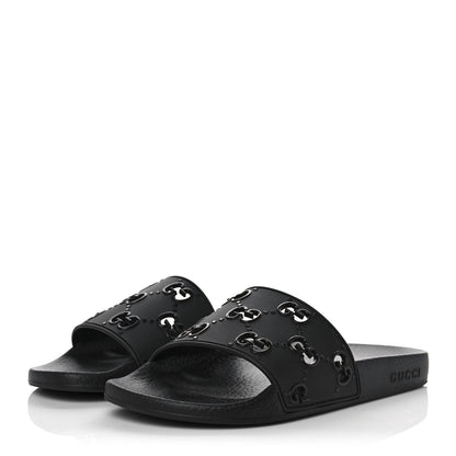 Gucci Rubber GG Monogram Perforated Womens Slide Sandals 39 Black 3 of 8