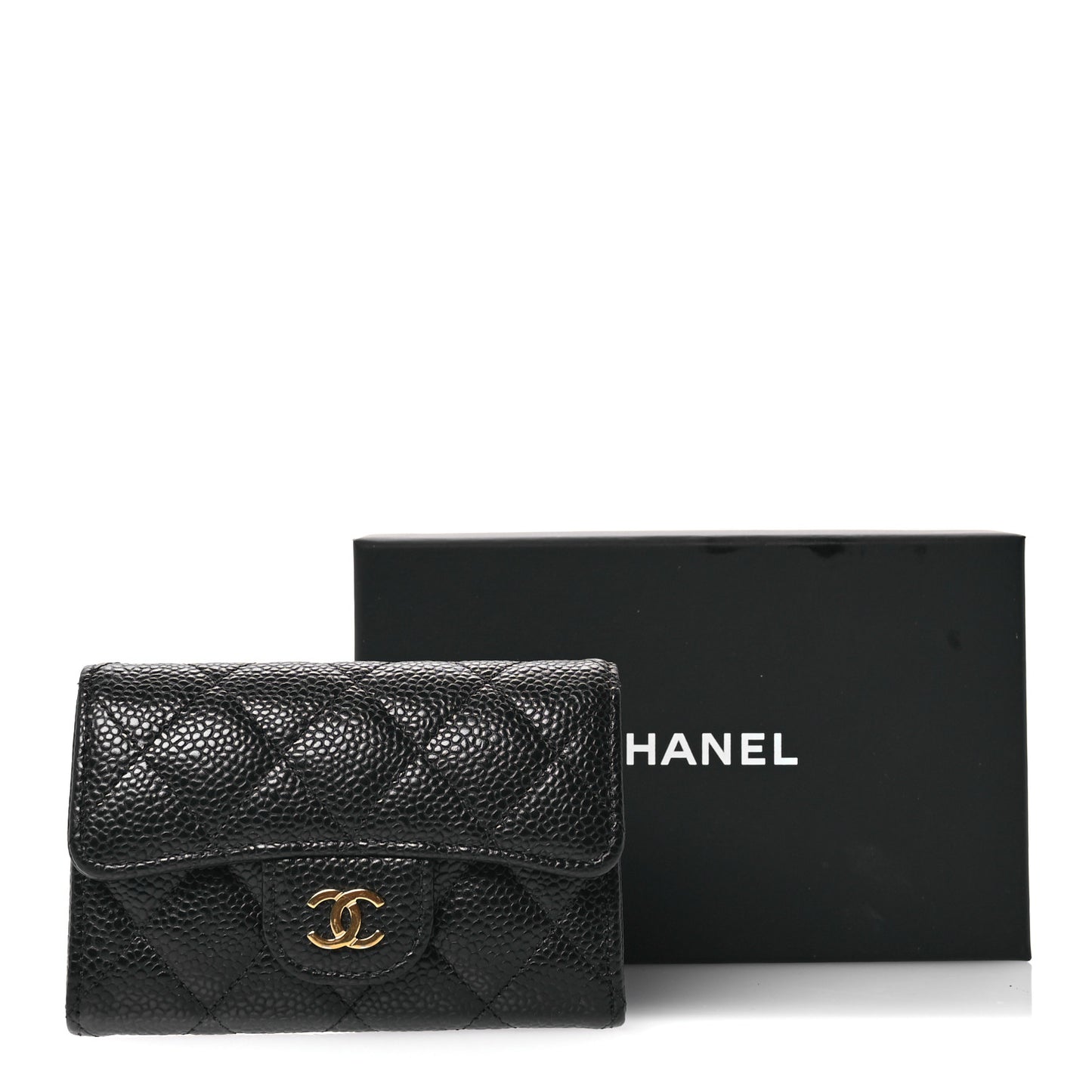 Caviar Quilted Flap Card Holder Wallet Black