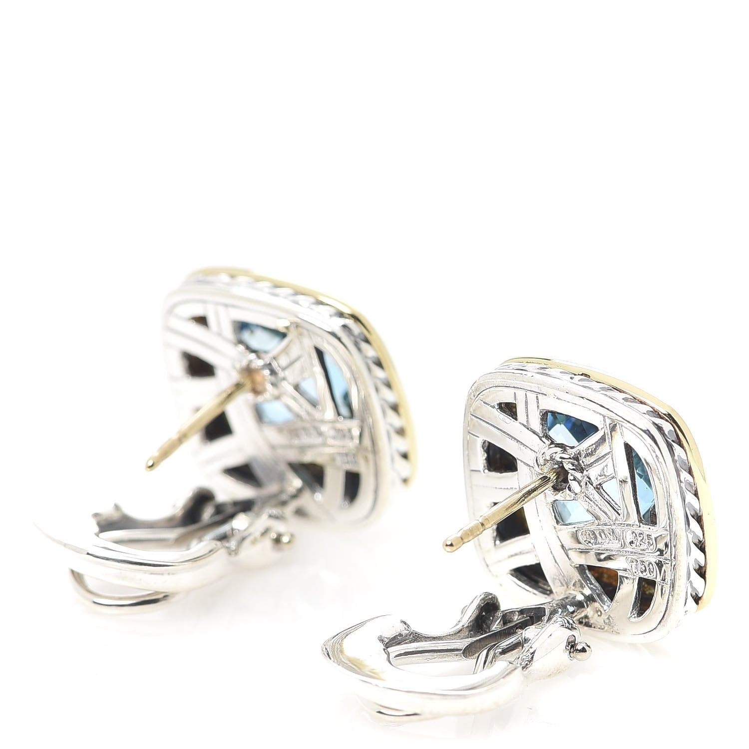 David Yurman Sterling Silver 18K Yellow Gold Blue Topaz 11mm Albion Earrings 3 of 4