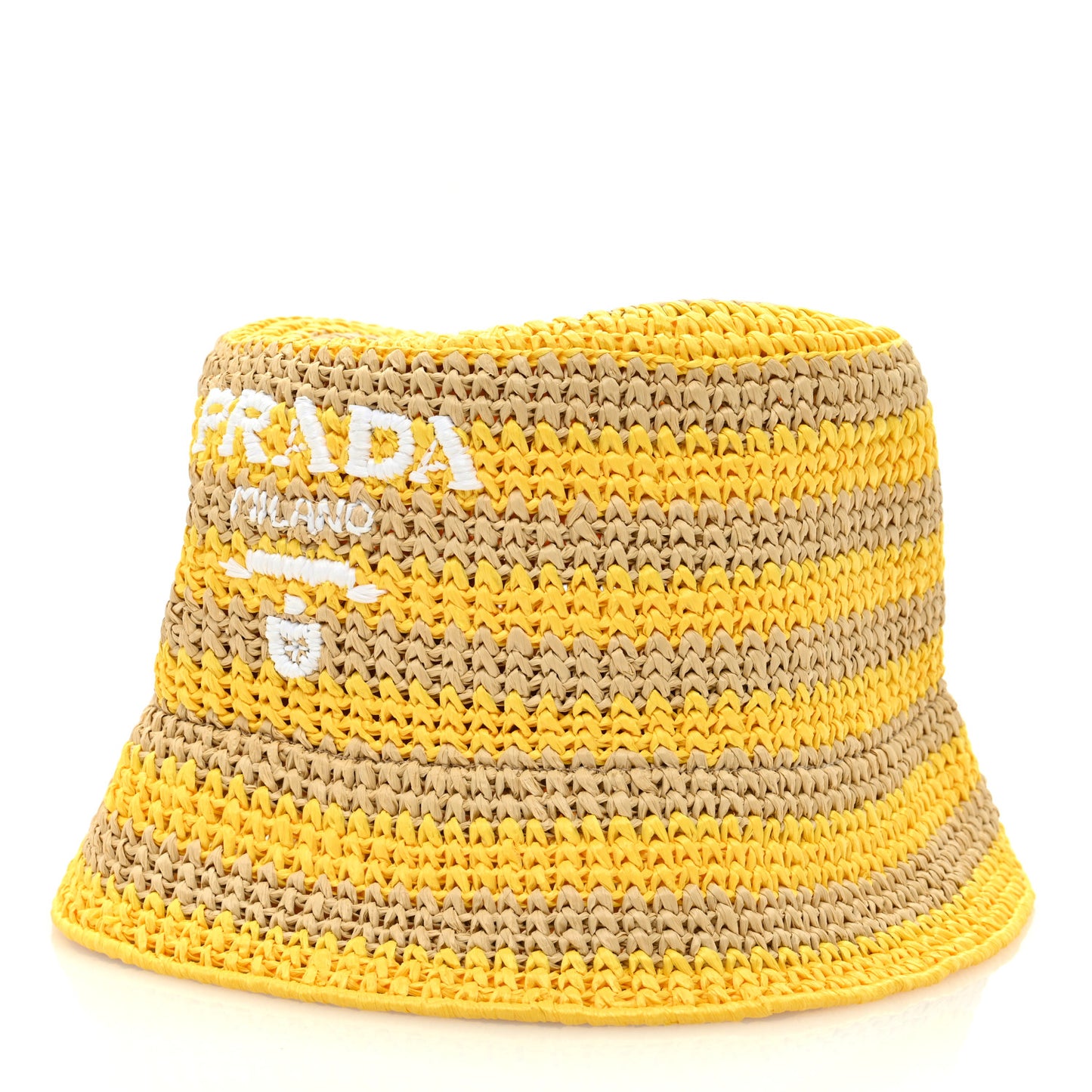 Raffia Striped Logo Embroidered Womens Bucket Hat M Naturale Giallo