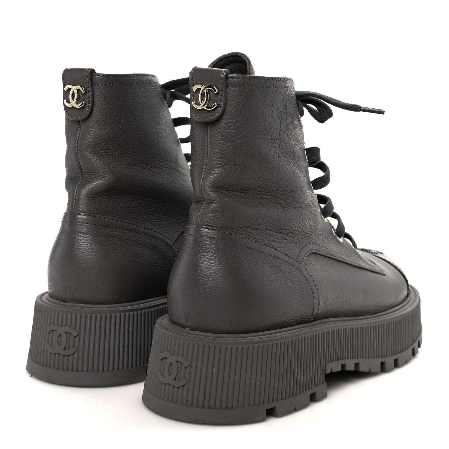 Chanel Grained Calfskin Shiny Calfskin CC Lace Up Combat Boots 41 Gray Black 5 of 11