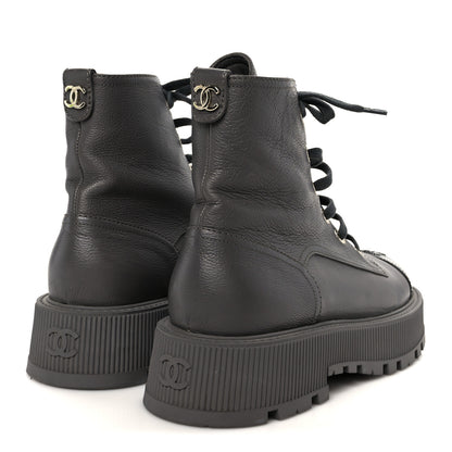 Chanel Grained Calfskin Shiny Calfskin CC Lace Up Combat Boots 41 Gray Black 5 of 11