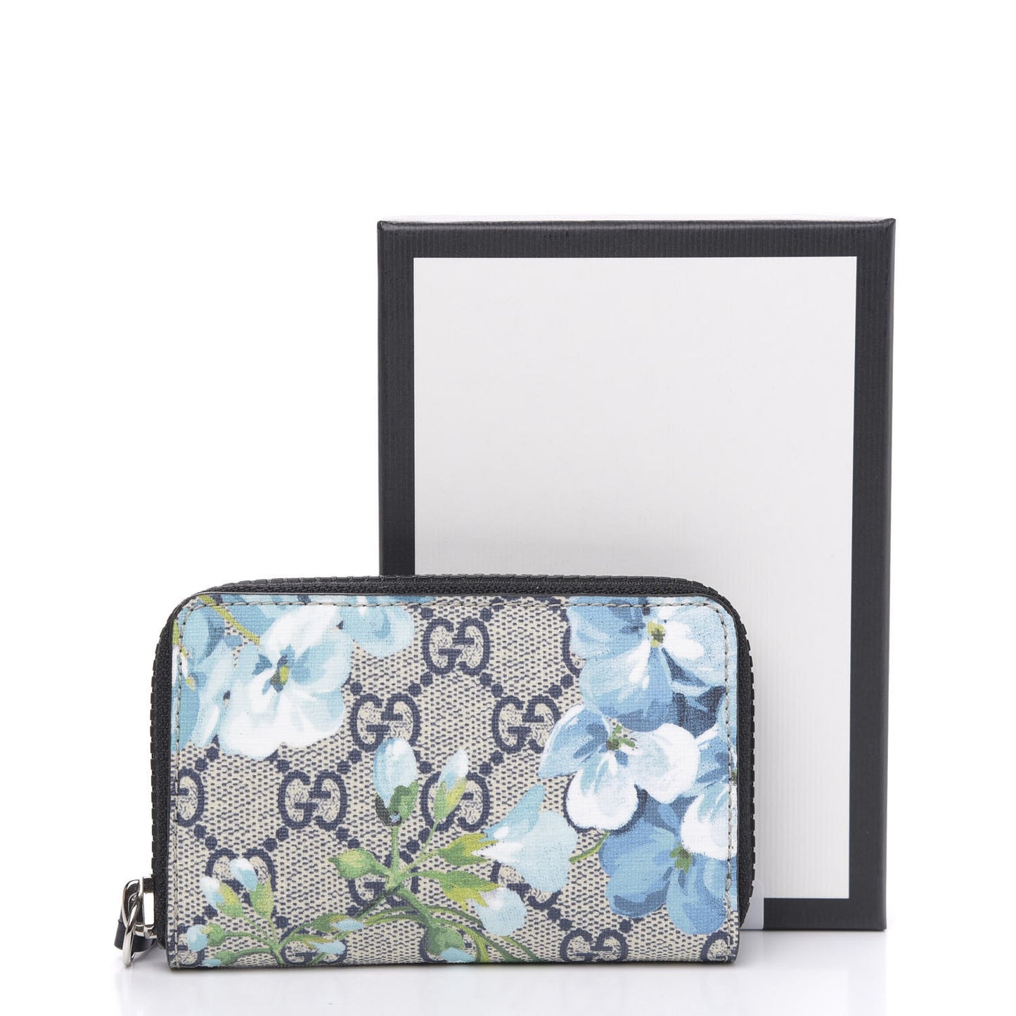 GG Supreme Monogram Blooms Zip Around Card Case Wallet Beige Blue Navy