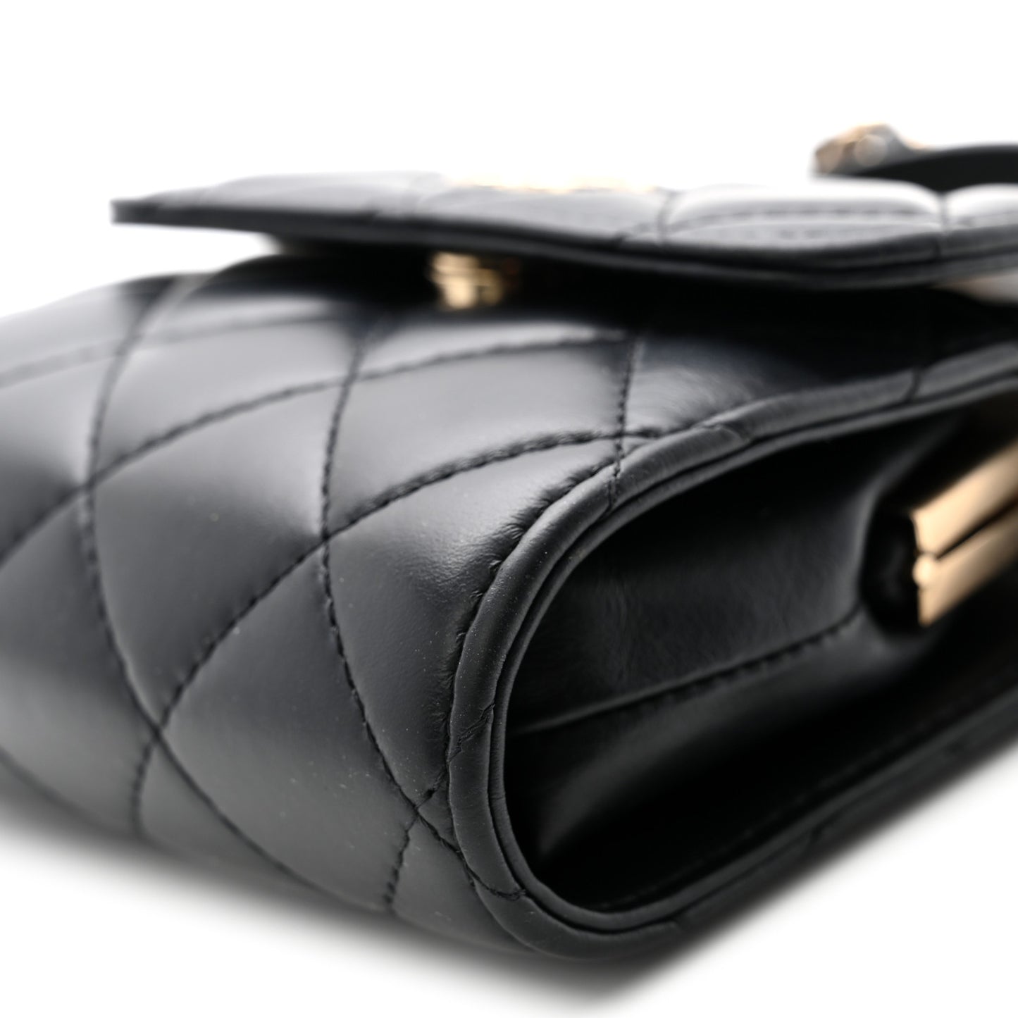 Lambskin Quilted Kiss Lock Top Handle Flap Clutch With Chain Black