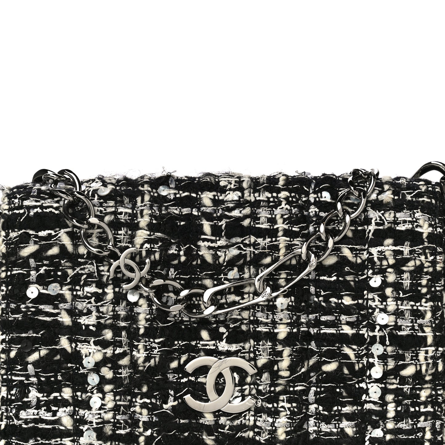 Sequin Tweed Single Flap Ecru Black