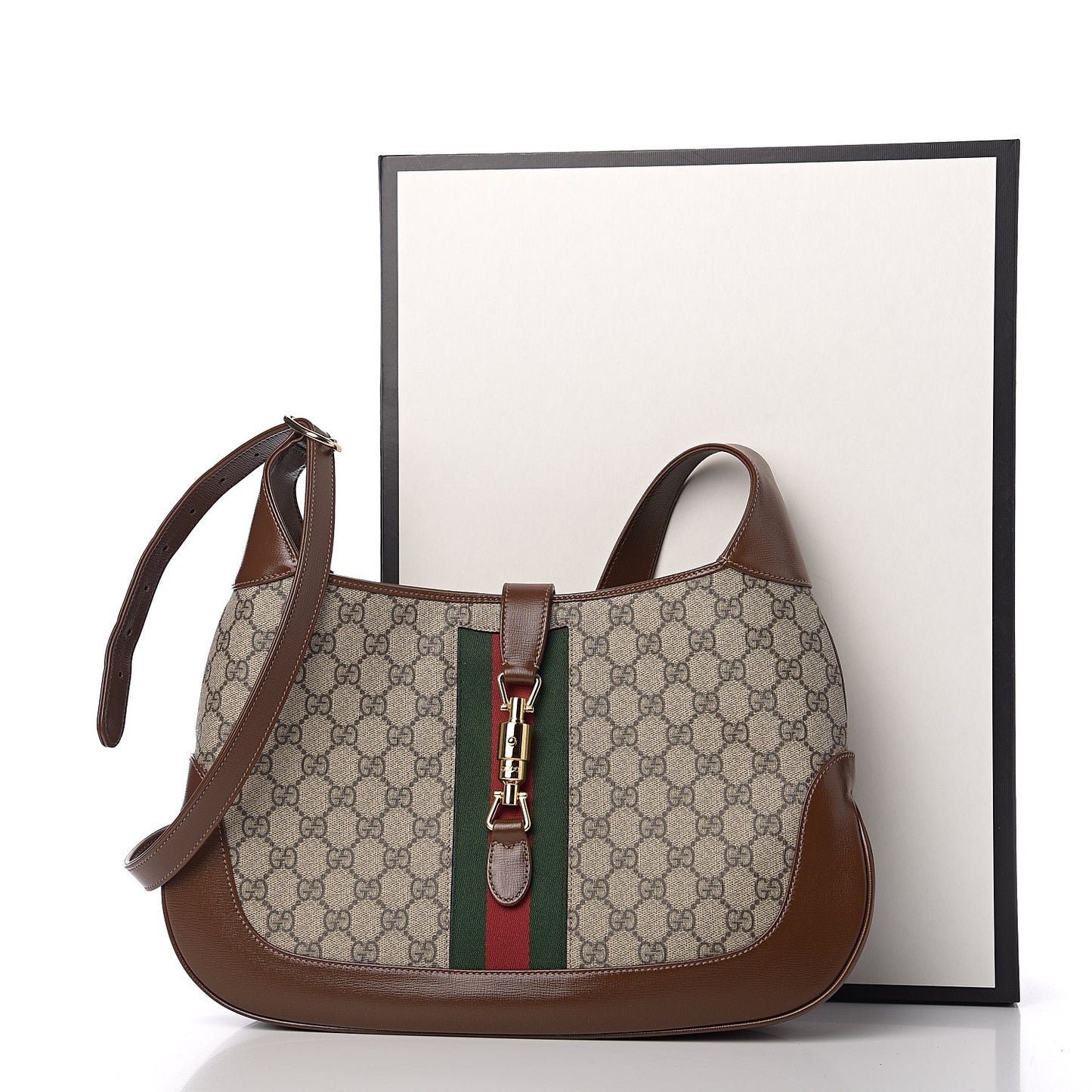 GG Supreme Monogram Azalea Calfskin Web Medium Jackie 1961 Hobo Beige Ebony Brown Sugar