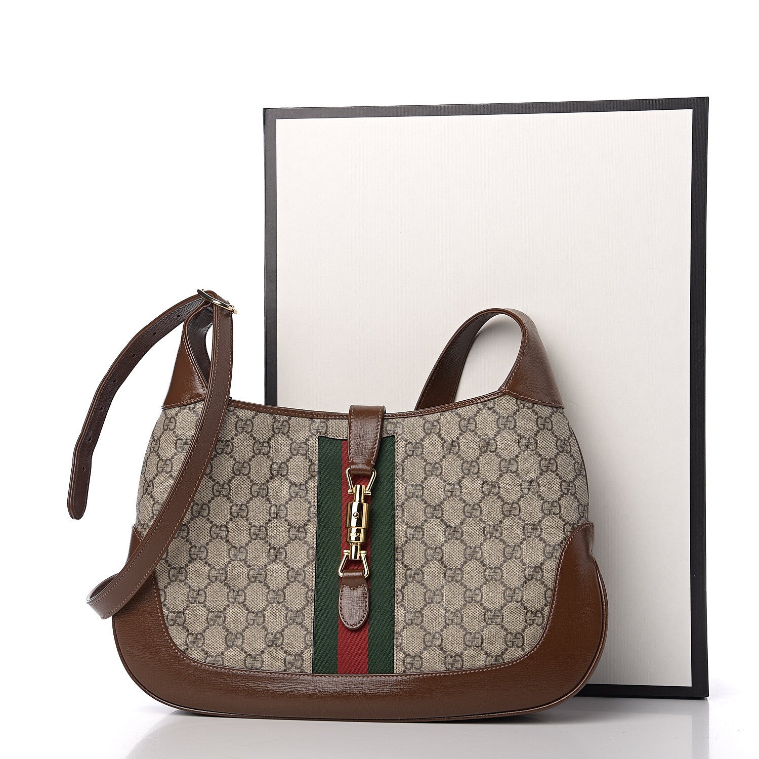 Gucci GG Supreme Monogram Azalea Calfskin Web Medium Jackie 1961 Hobo Beige Ebony Brown Sugar 10 of 10