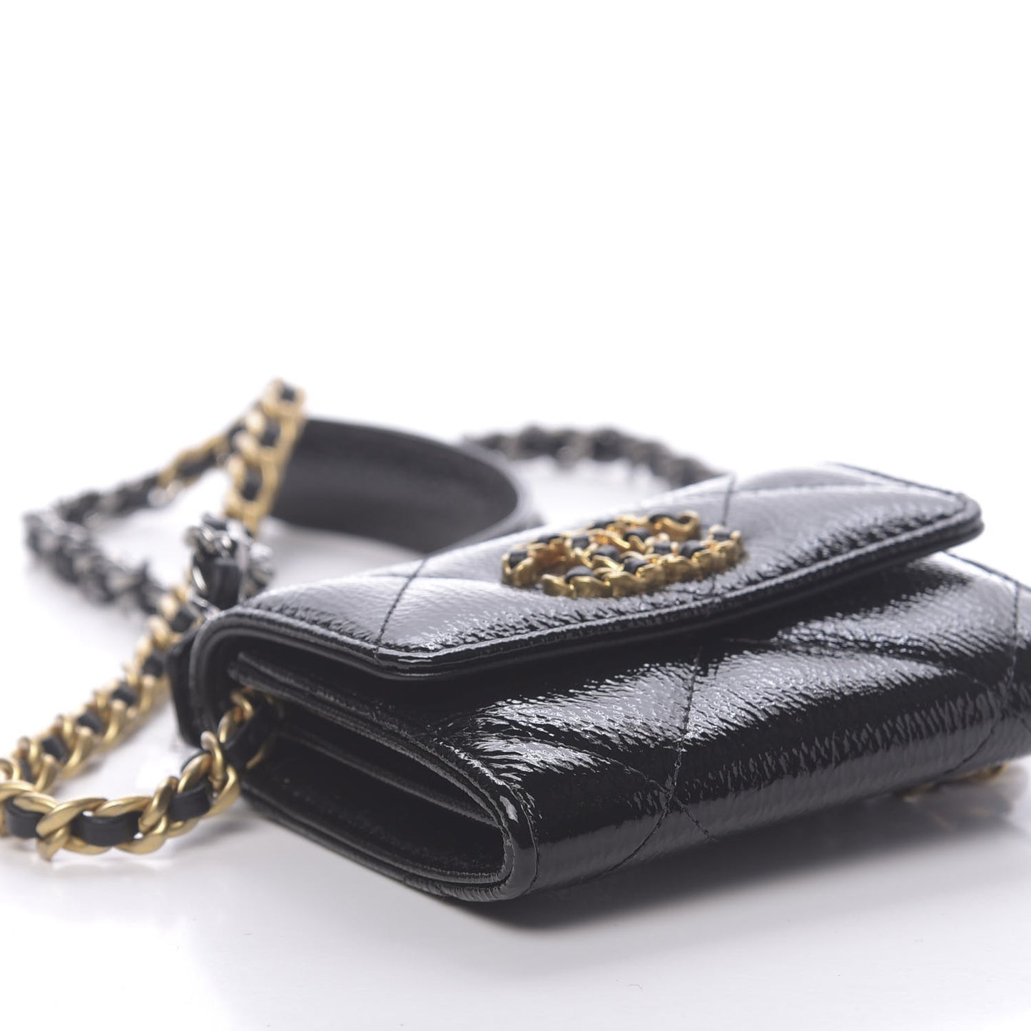 Shiny Crumpled Calfskin Quilted Chanel 19 Flap Coin Purse With Chain Black