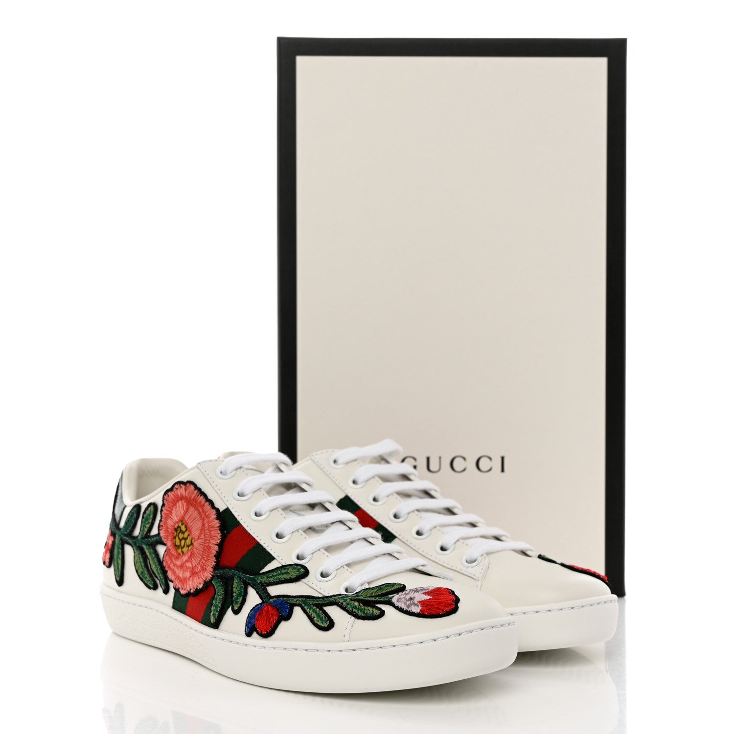 Gucci Calfskin Web Floral Embroidered Womens Ace Sneakers 37 White 11 of 11