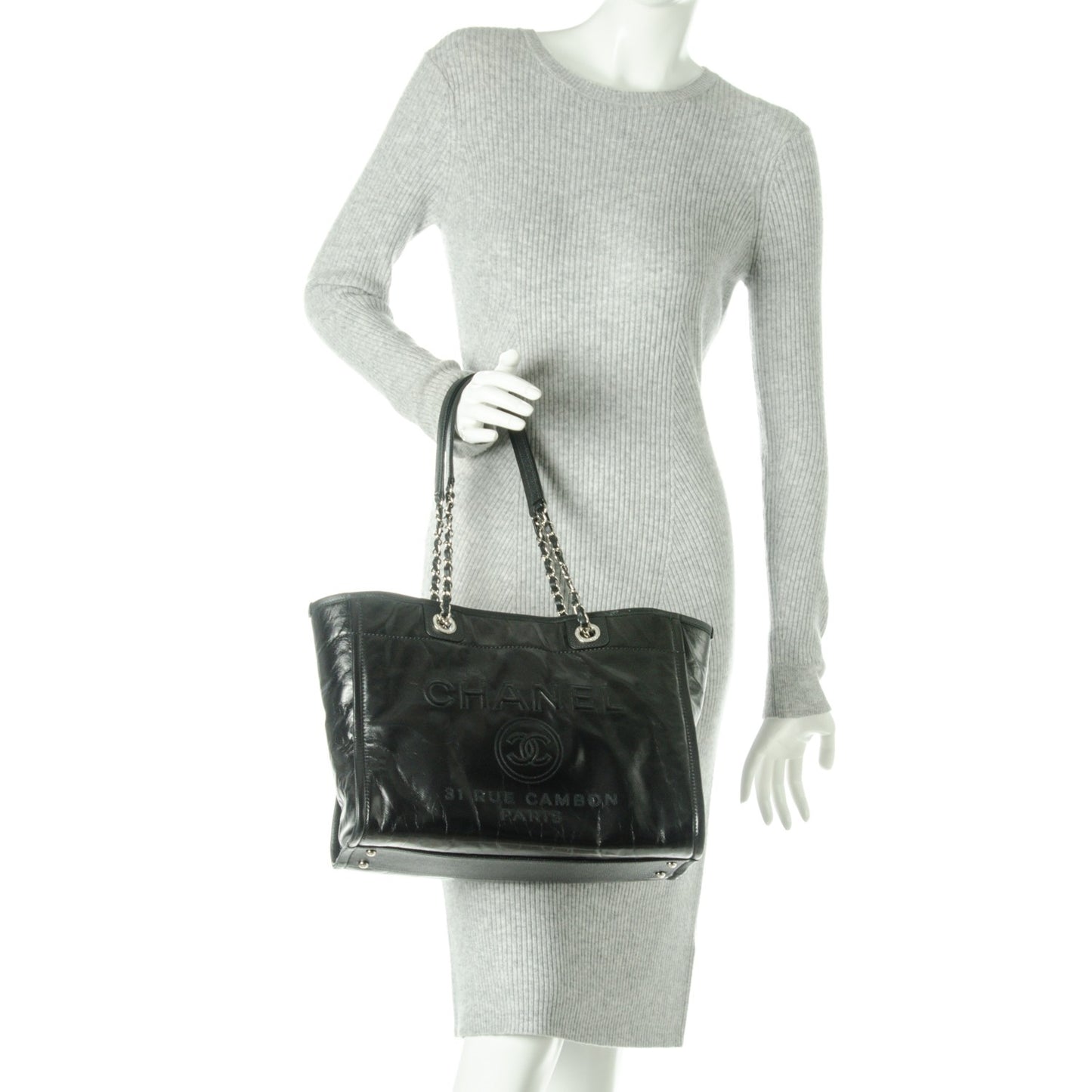Glazed Calfskin Small Deauville Tote Black