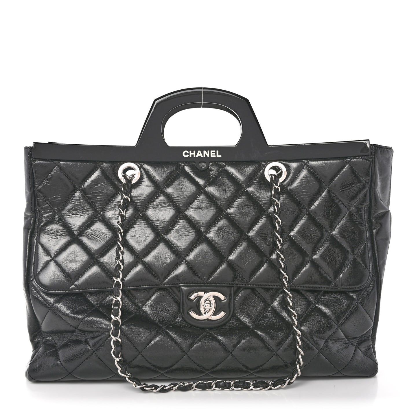 Glazed Calfskin Quilted Large CC Delivery Tote Black