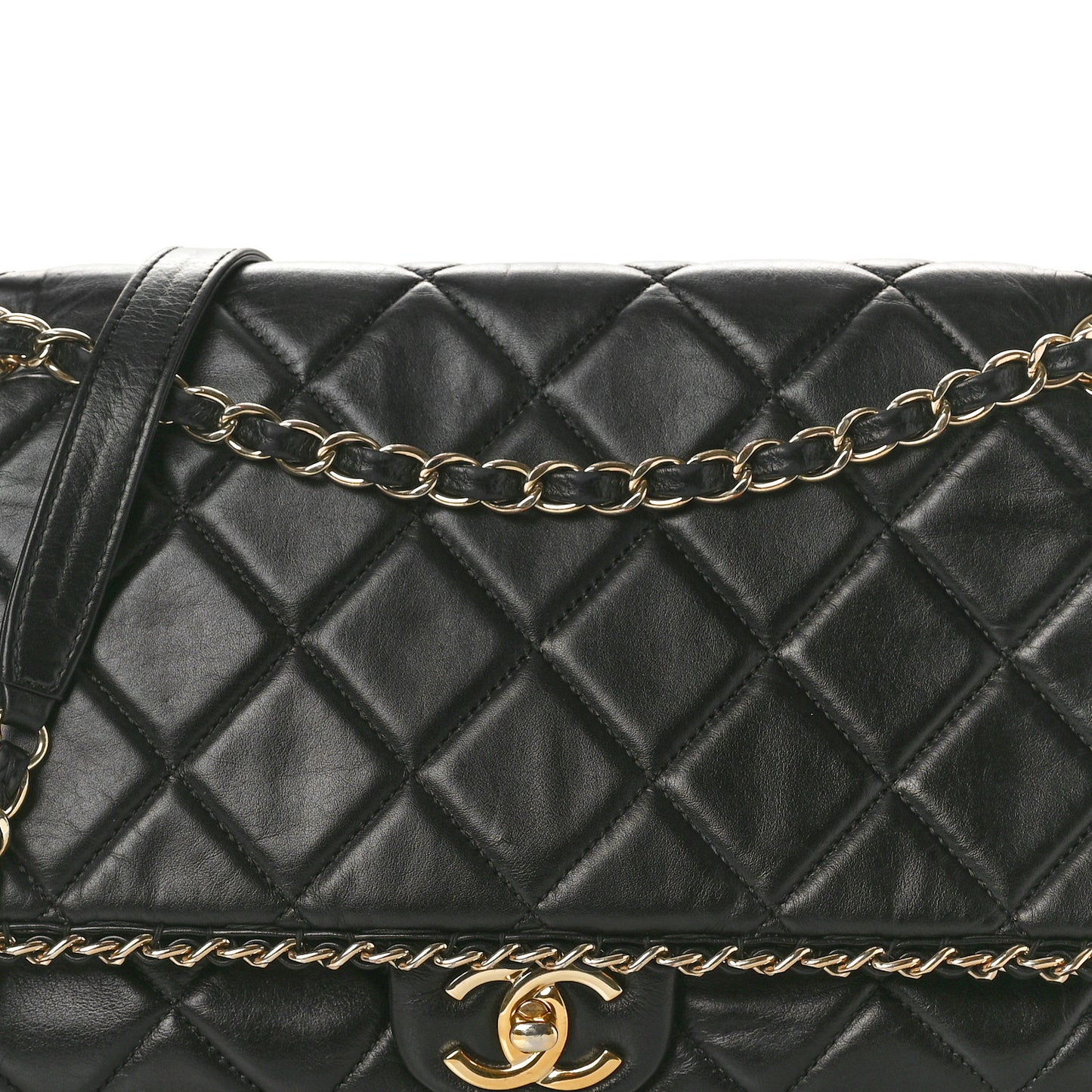 Crumpled Calfskin Quilted Large Chain All Over Flap Bag Black