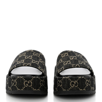 Gucci Jacquard Black Denim GG Monogram Angelina Platform 55mm Slide Sandals 36 Black Ivory 2 of 9