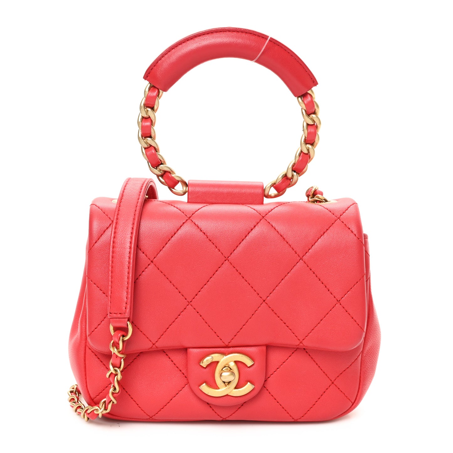Lambskin Quilted Small Circular Handle Bag Brilliant Rouge