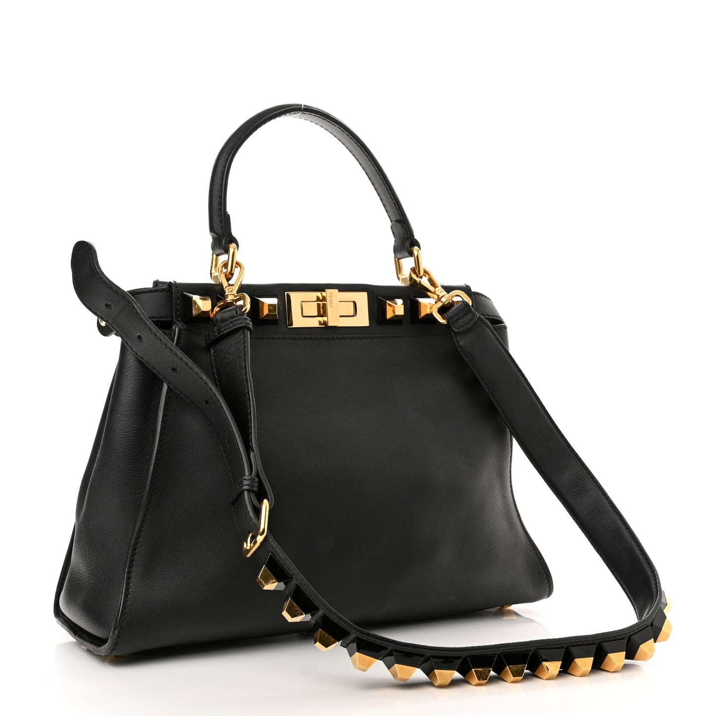 Vitello Seta Gold Studded Medium Peekaboo Iconic Satchel Black