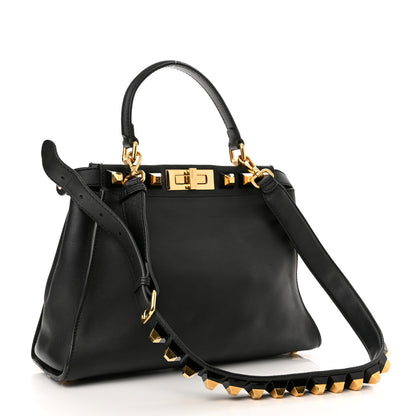 Fendi Vitello Seta Gold Studded Medium Peekaboo Iconic Satchel Black 2 of 9