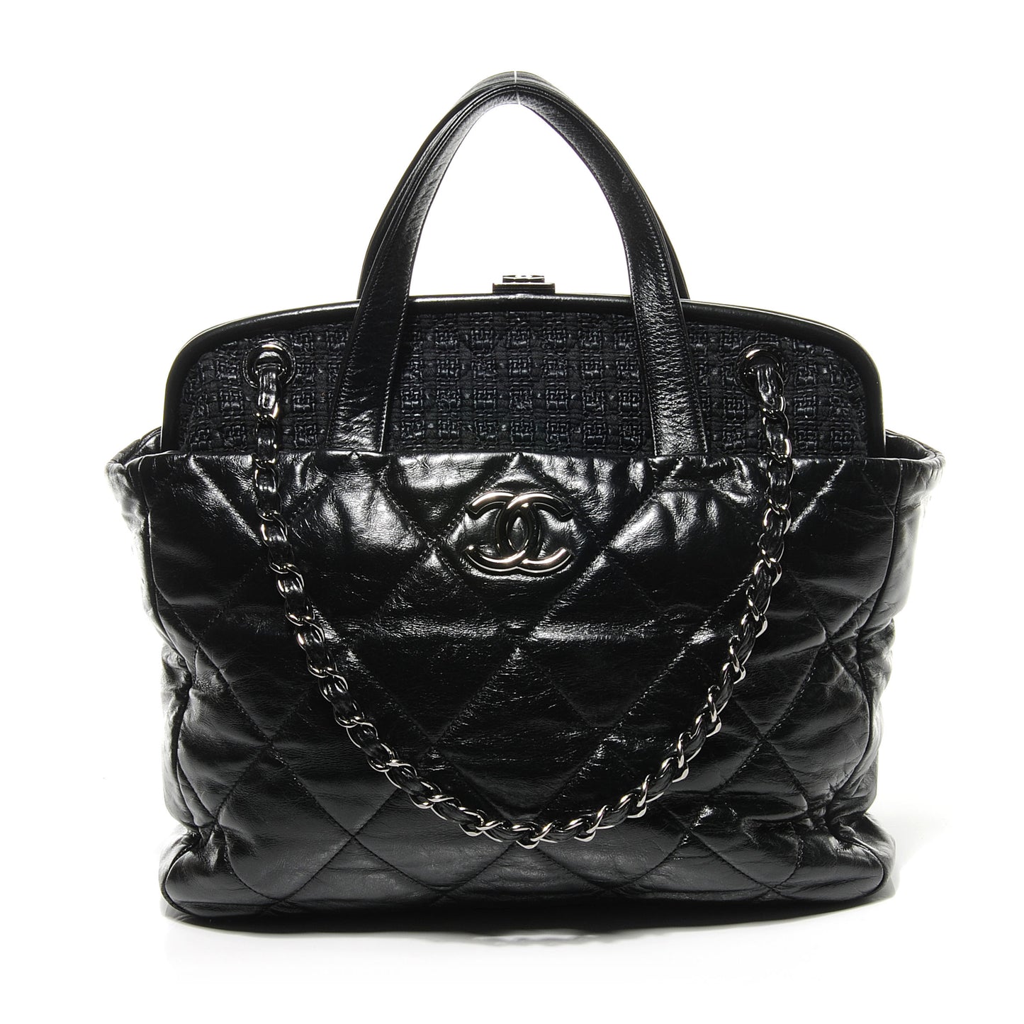 Glazed Calfskin Tweed Portobello Tote Black