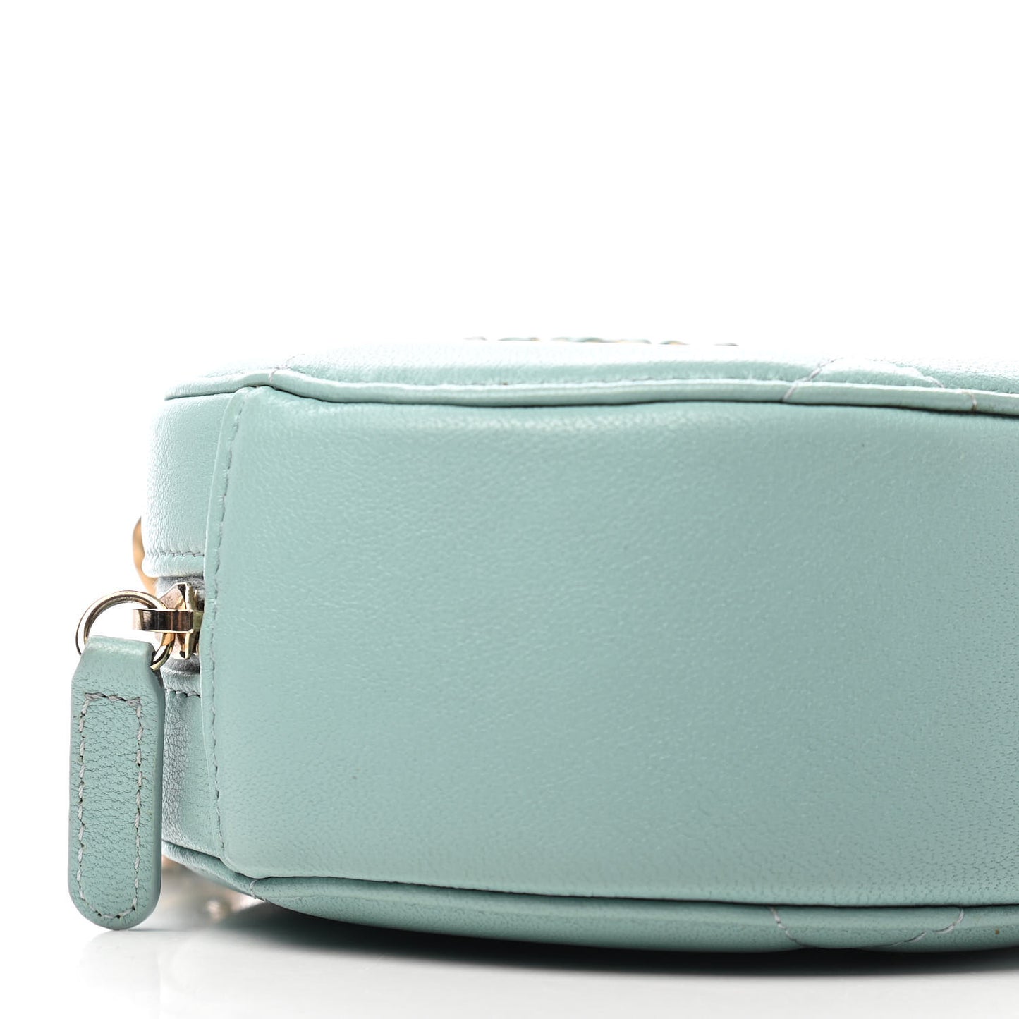 Goatskin Quilted Chanel 19 Round Clutch With Chain Light Blue