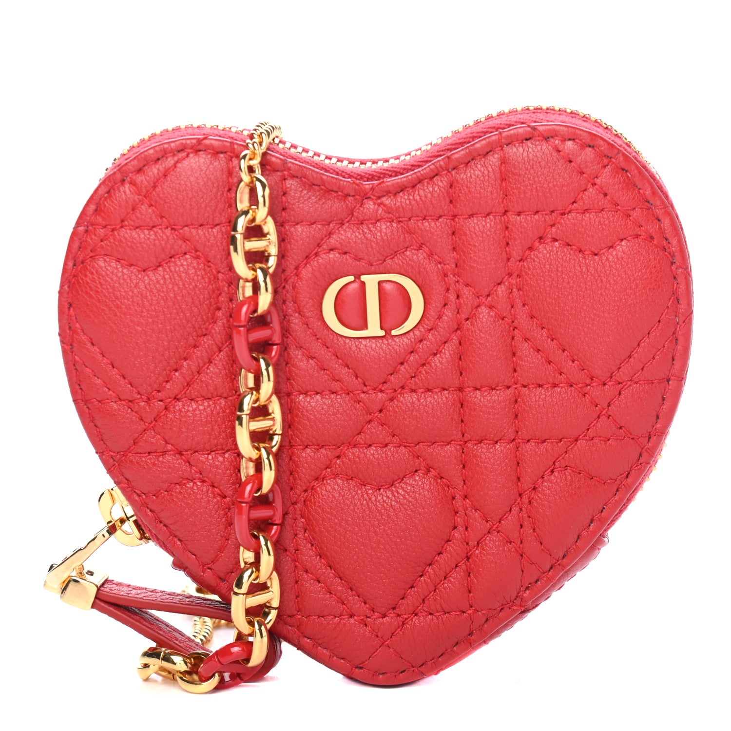 Christian Dior Calfskin Cannage Dioramour Caro Heart Pouch With Chain Bright Red 1 of 7