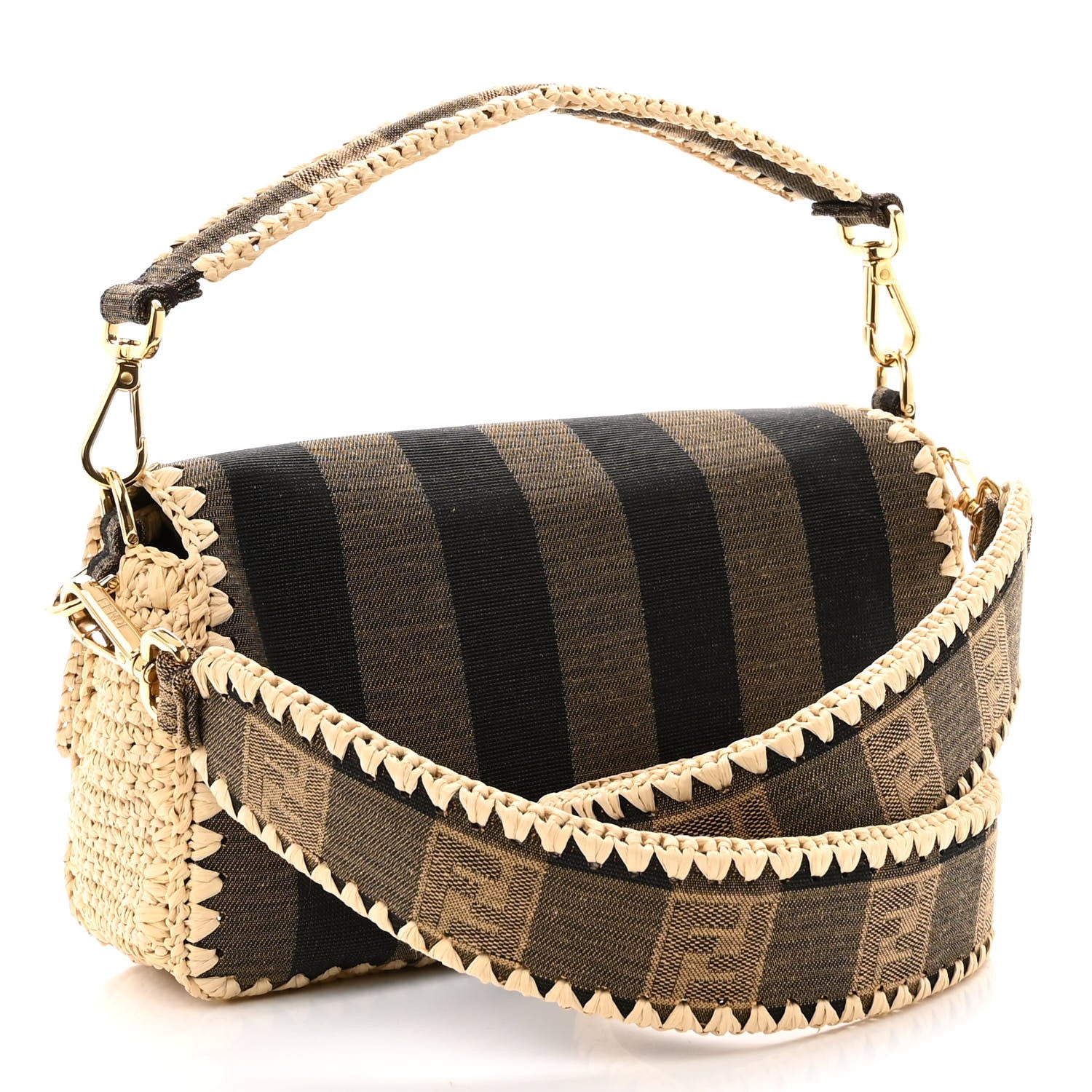 Fendi Fabric Jacquard Raffia Straw Pequin Gingham Woven Baguette Beige Black Natural 3 of 9