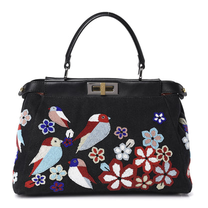 Fendi Denim Vitello Dolce QuTweet Beaded Medium Peekaboo Iconic Satchel Dark Blue Multicolor Black 1 of 11