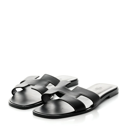 Hermes Box Calfskin Oran Sandals 39.5 Black 3 of 8