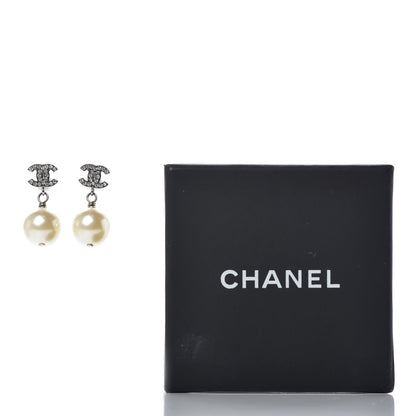 Chanel Crystal Pearl CC Drop Earrings Silver Pearly White 5 of 5