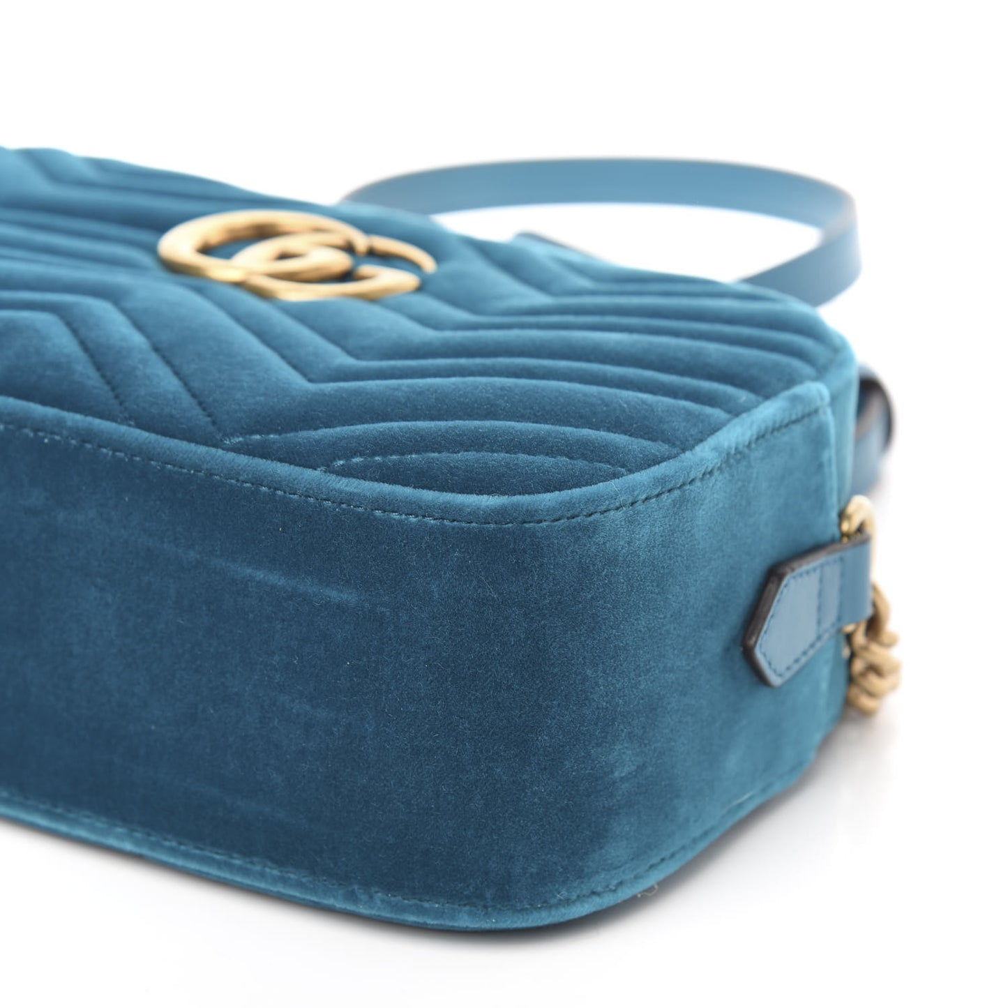 Velvet Matelasse Small GG Marmont Chain Shoulder Bag Pavone Cyan