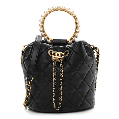 Chanel Lambskin Quilted Pearl Crown Drawstring Bag Black 1 of 11
