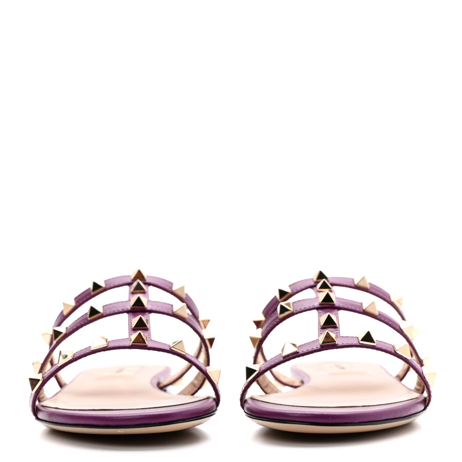 Valentino Garavani Calfskin Nappa Rockstud Caged Flat Slide Sandals 36 Prune 2 of 9