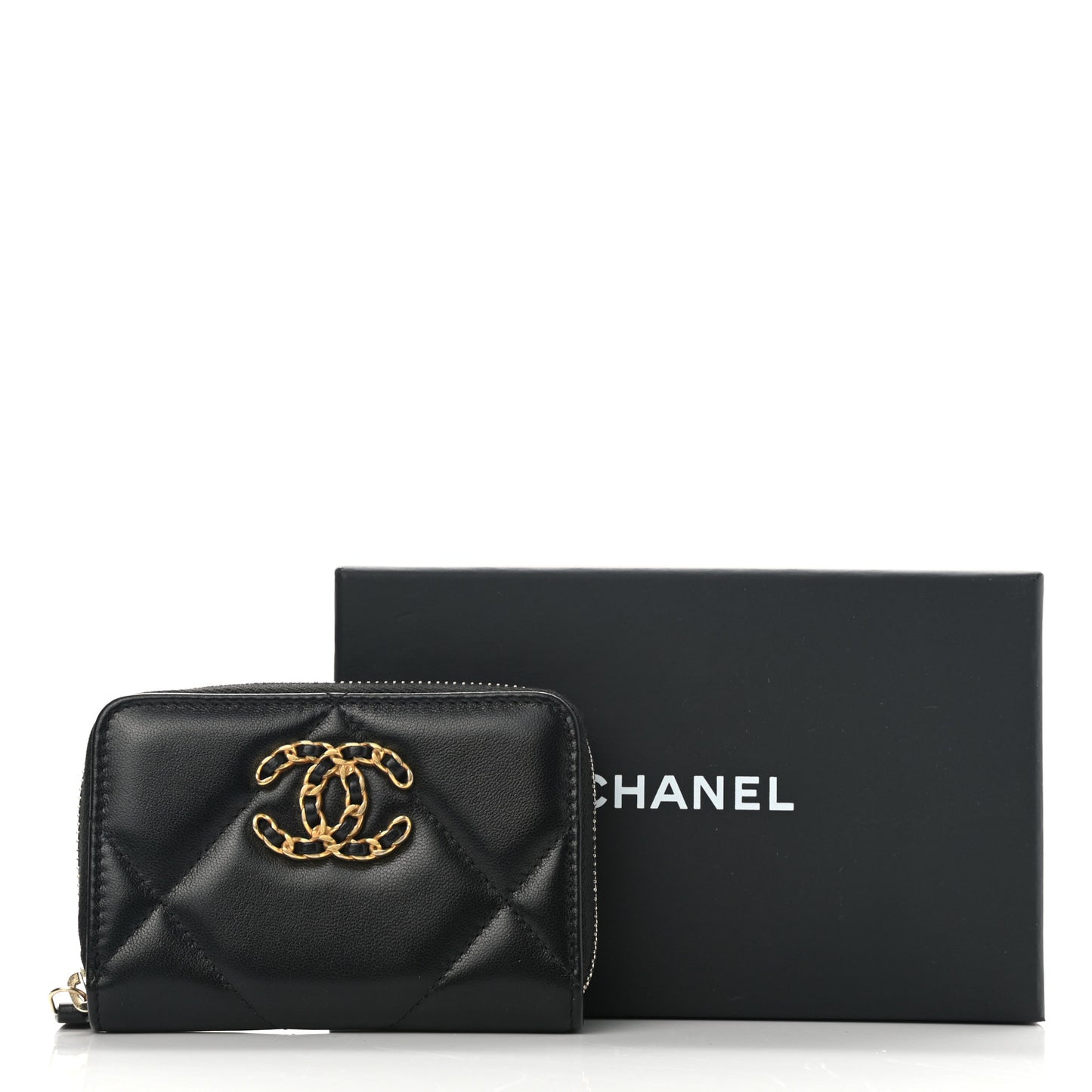 Lambskin Quilted Chanel 19 Zip Around Coin Purse Wallet Black