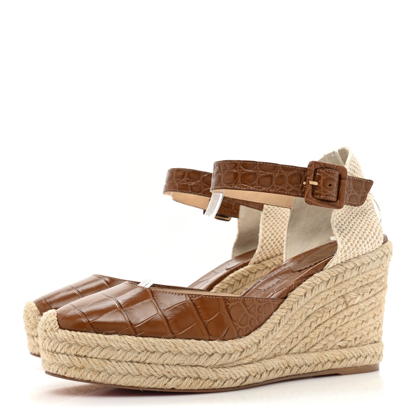 Calfskin Crocodile Embossed Amelia 90 Espadrille Wedges 38 Brown