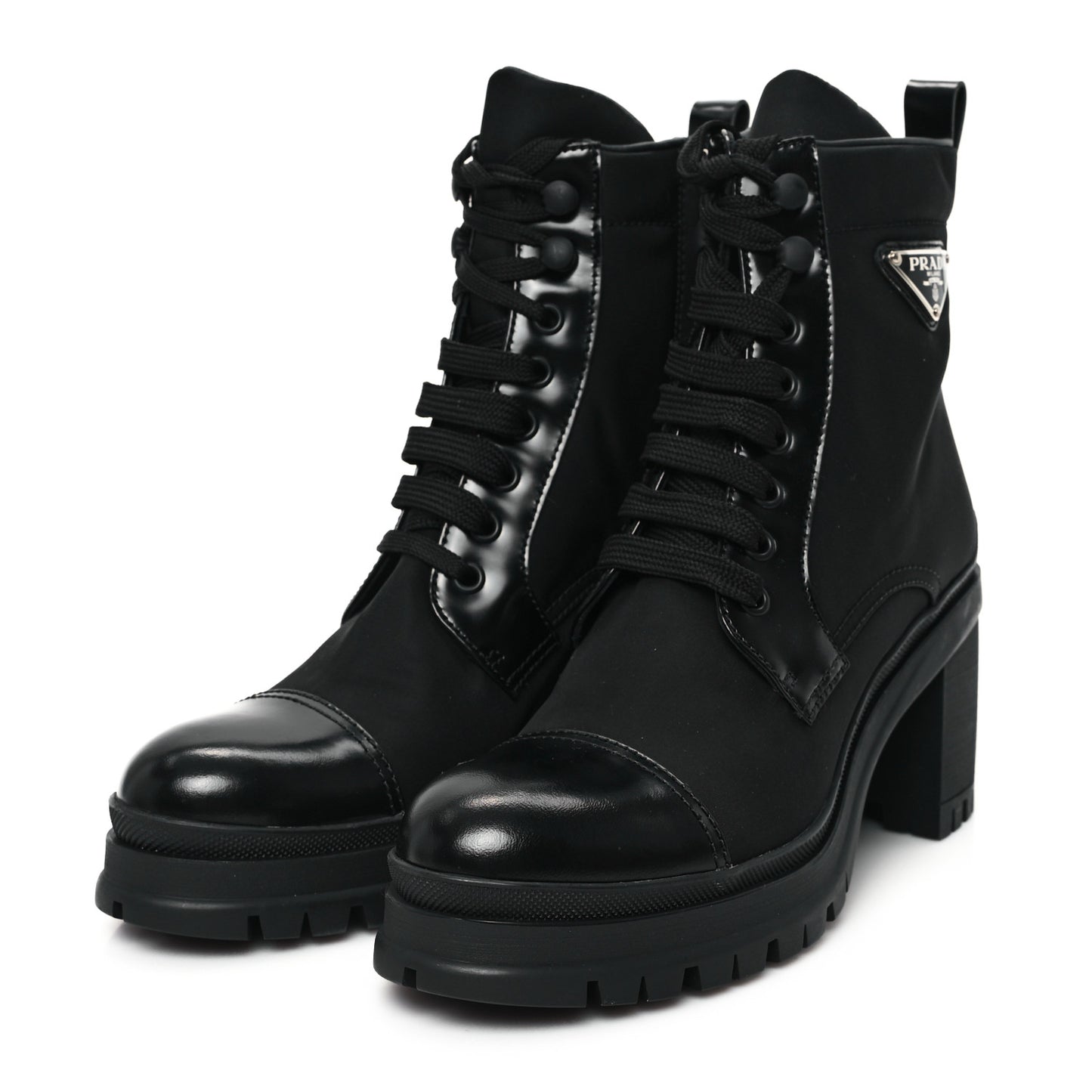 Spazzolato Re-Nylon Metal Triangle Logo Lace Up 55mm Ankle Boots 38 Black