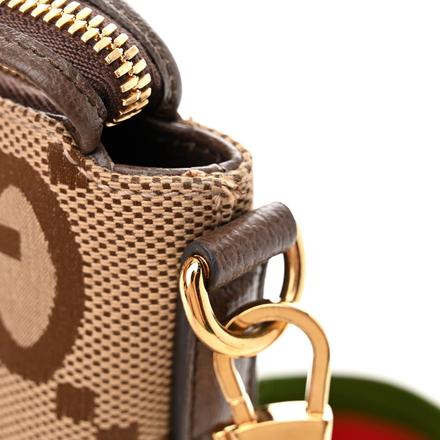 Monogram Jumbo GG Textured Dollar Calfskin Web Wristlet Messenger Bag Camel Ebony New Acero