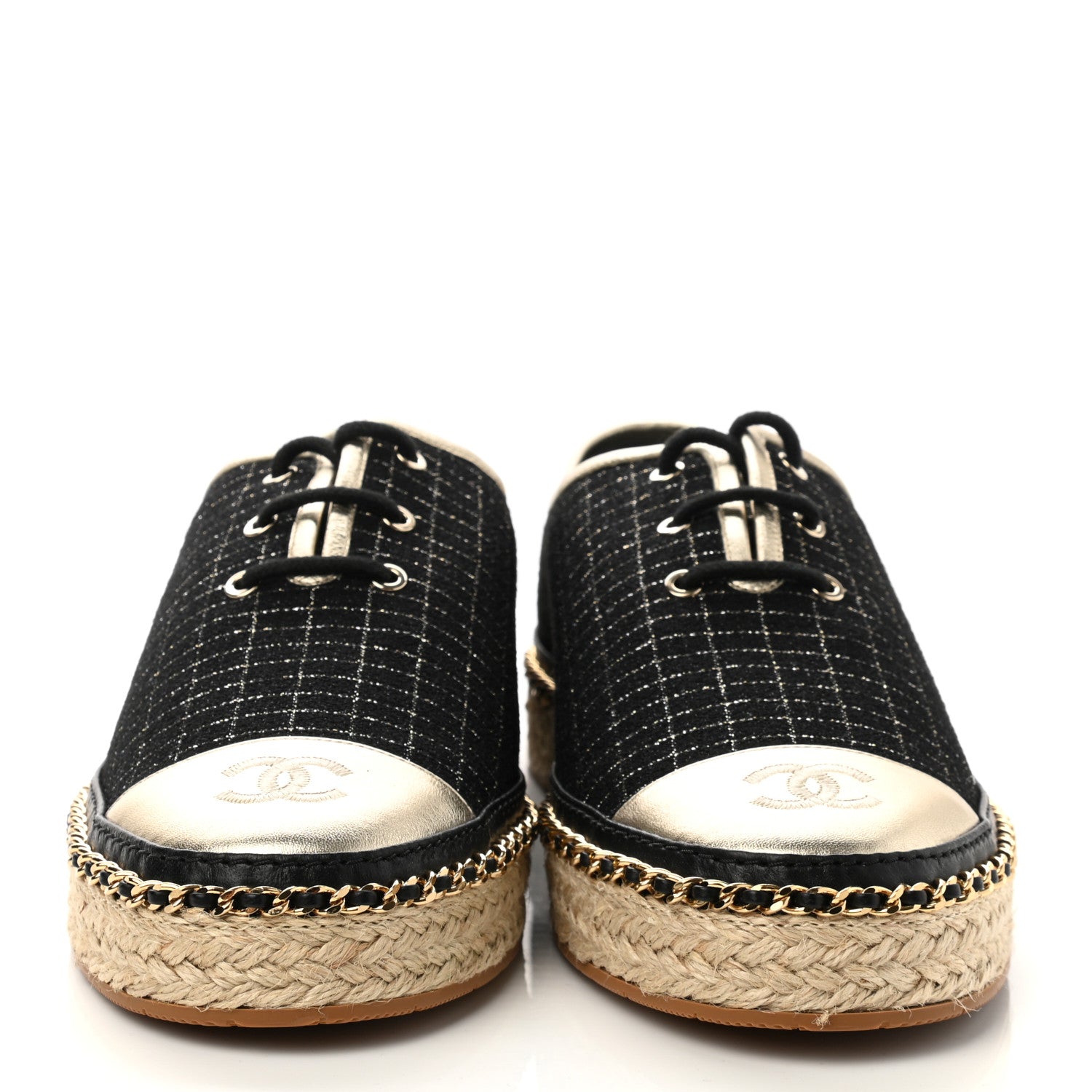 Chanel Tweed Lambskin Chain Lace Up Espadrille Sneakers 39 Black Gold 2 of 9