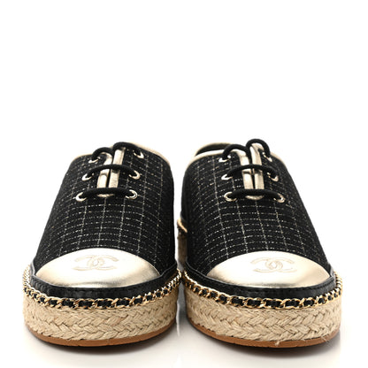 Chanel Tweed Lambskin Chain Lace Up Espadrille Sneakers 39 Black Gold 2 of 9
