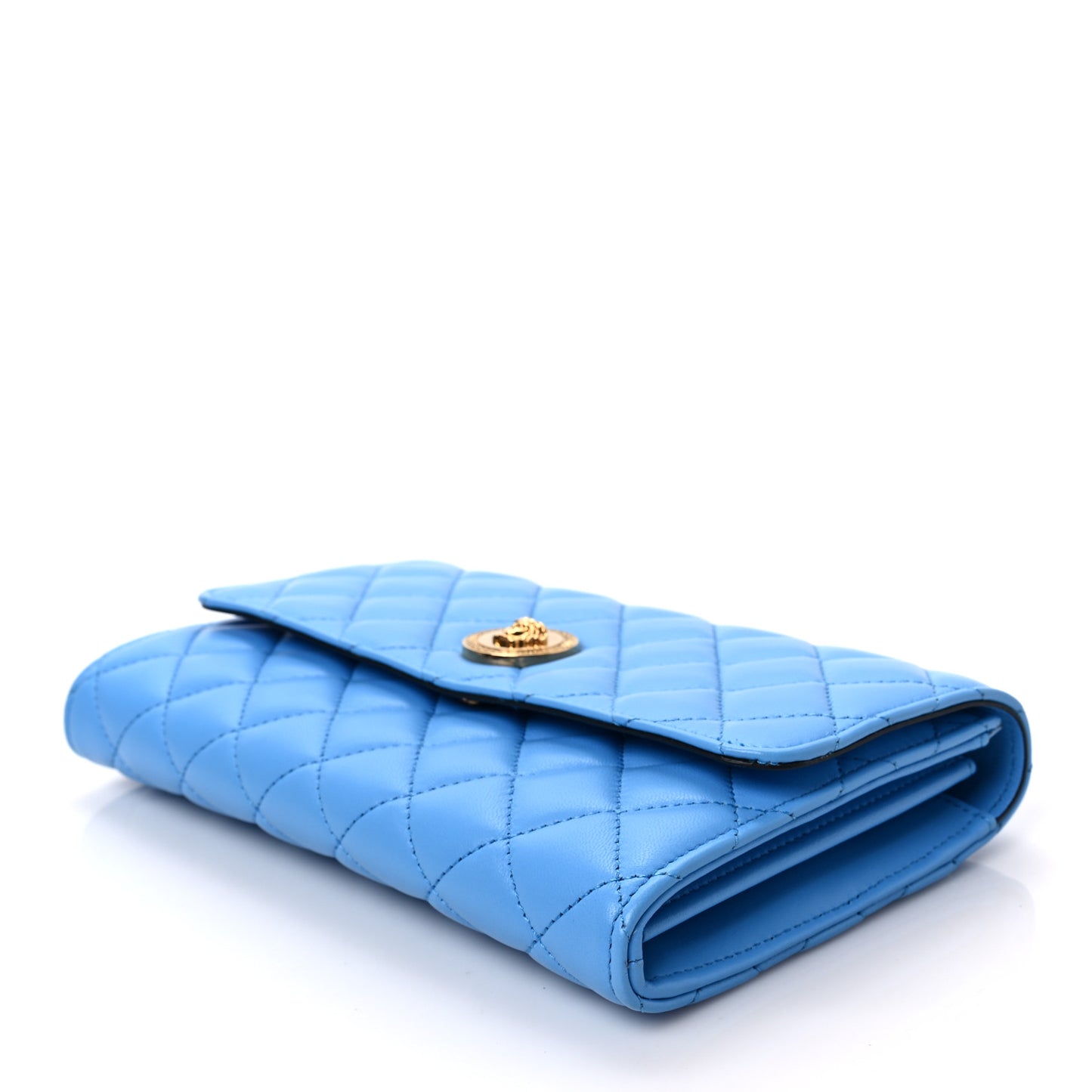 Lambskin Quilted Medusa Wallet on Chain Crossbody Blue