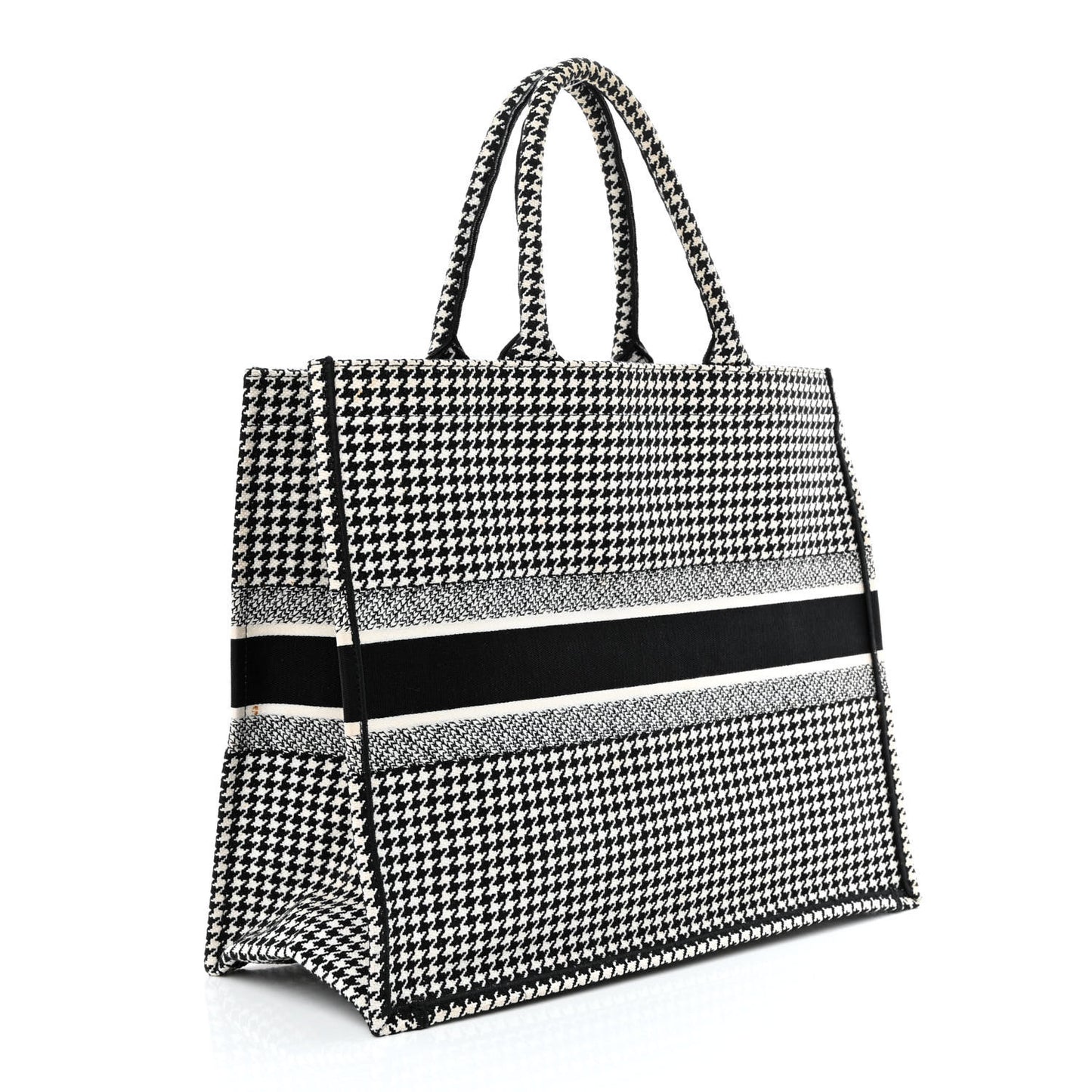 Canvas Houndstooth Embroidered Book Tote Black White