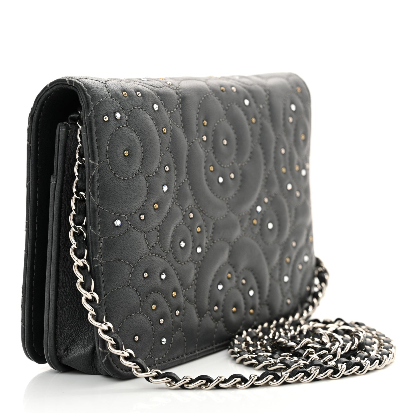 Lambskin Camellia Studded Wallet on Chain WOC Grey