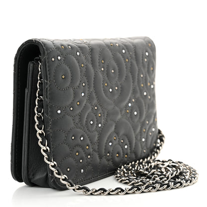 Chanel Lambskin Camellia Studded Wallet on Chain WOC Grey 3 of 18
