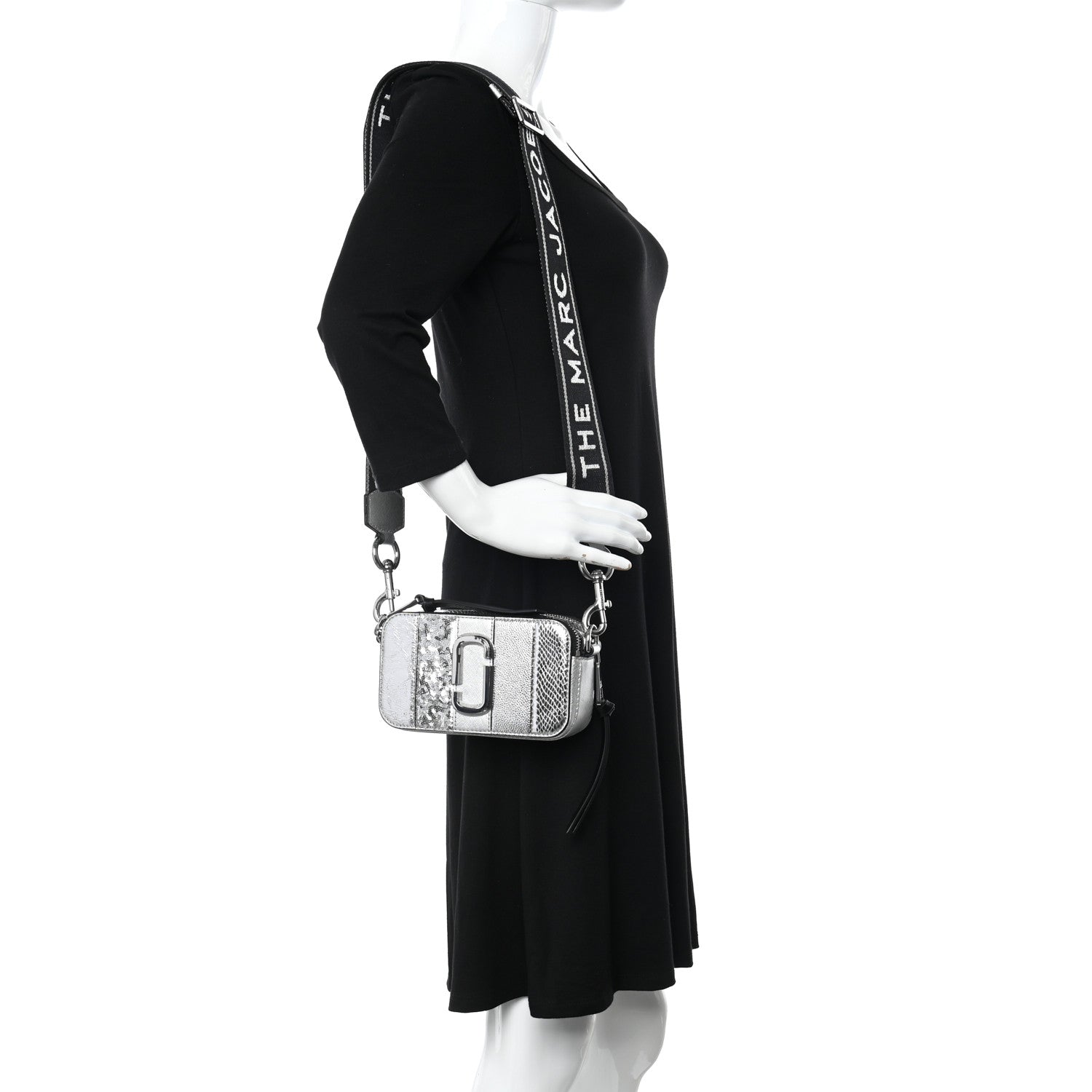 Marc Jacobs Metallic Sequin Snake Embossed Calfskin Stripe Snapshot Camera Bag Silver 2 of 14