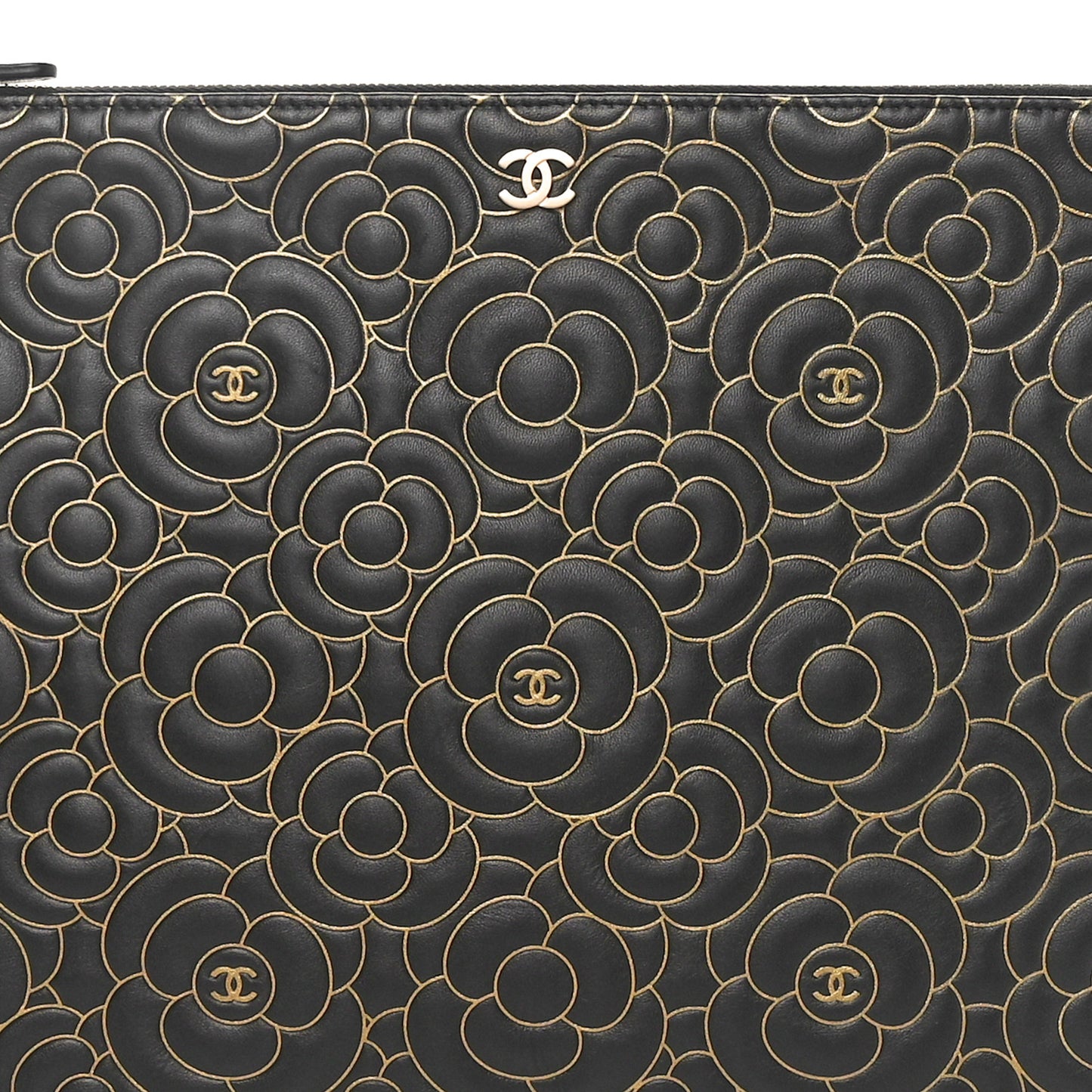 Lambskin Camellia Embossed Large Cosmetic Case Black Gold